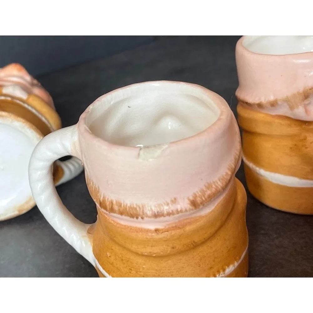 Vintage Praying Friar Monk Ceramic Decanter and 5 Shot Glass Mugs Set Tan